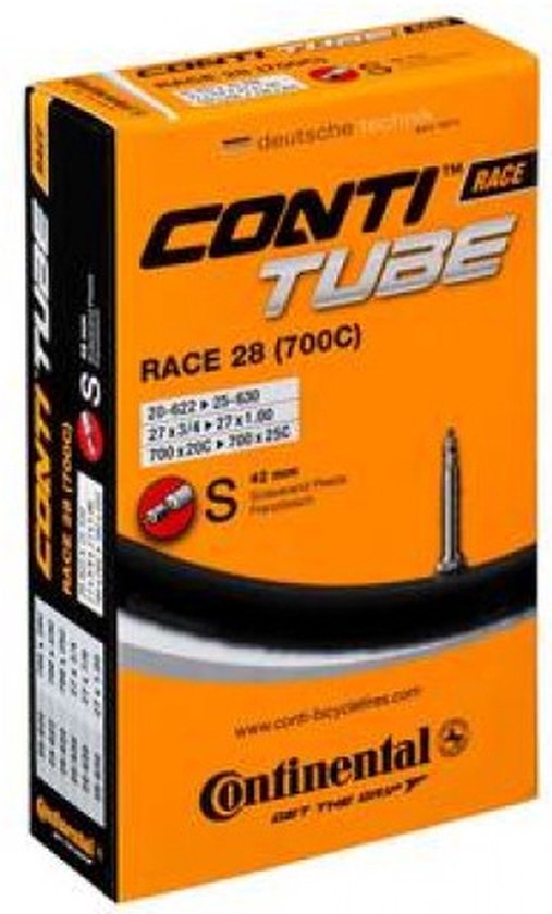 Een Continental Race 28 (700C) fietsbanden doos met een Presta ventiel van 60 mm. Technische details staan op de voorkant.