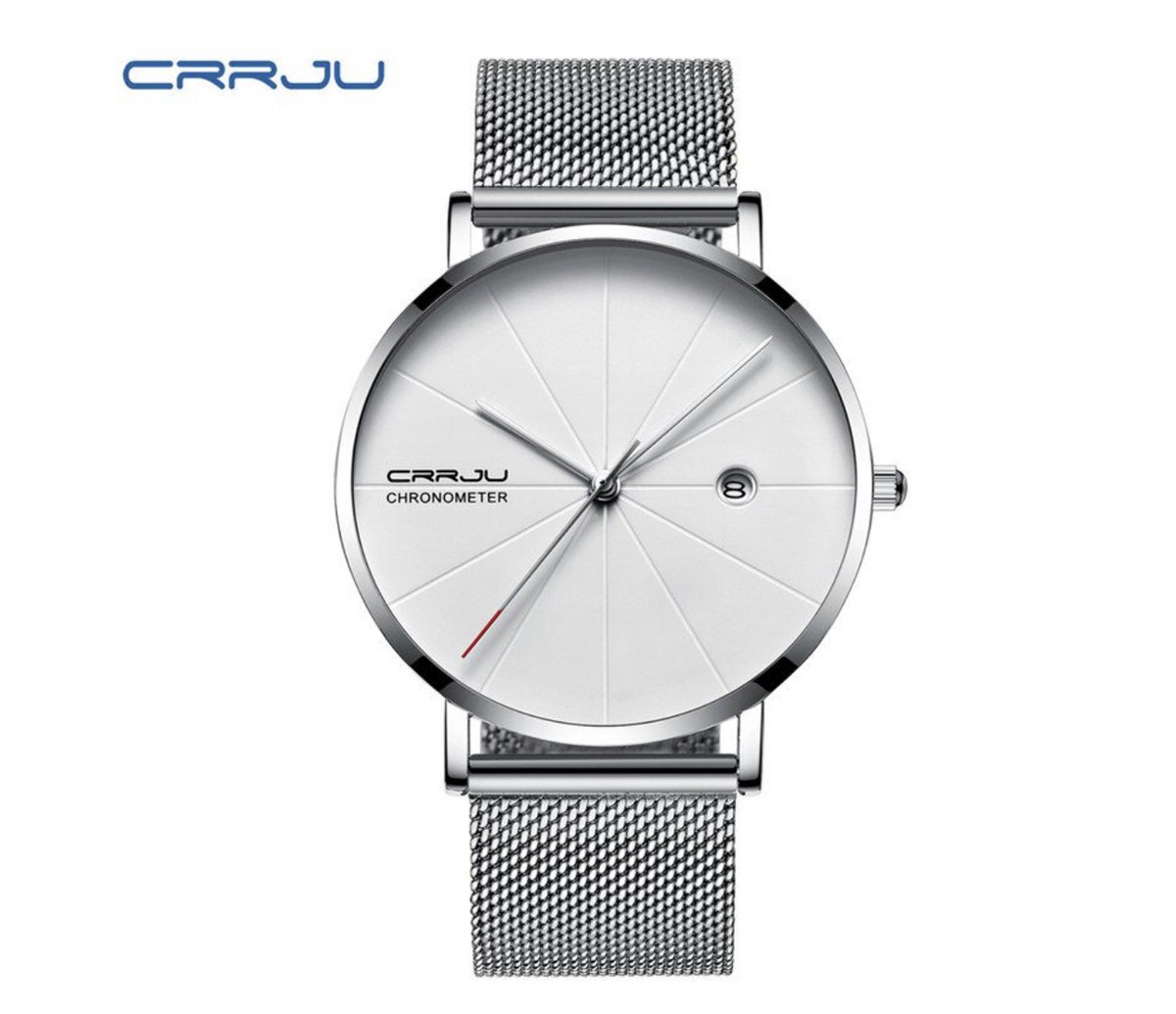 CRRJU Horloge - Zilverkleurig - wit - Heren - Analoog - Ø40mm - staal - Datumaanduiding