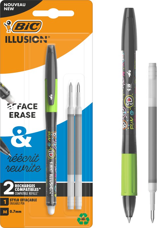 Stylo bille effaçable et rechargeable et recharges BIC Illusion - Encre noire - pack de 1 stylo et 2 recharges - Pointe Medium 0 mm