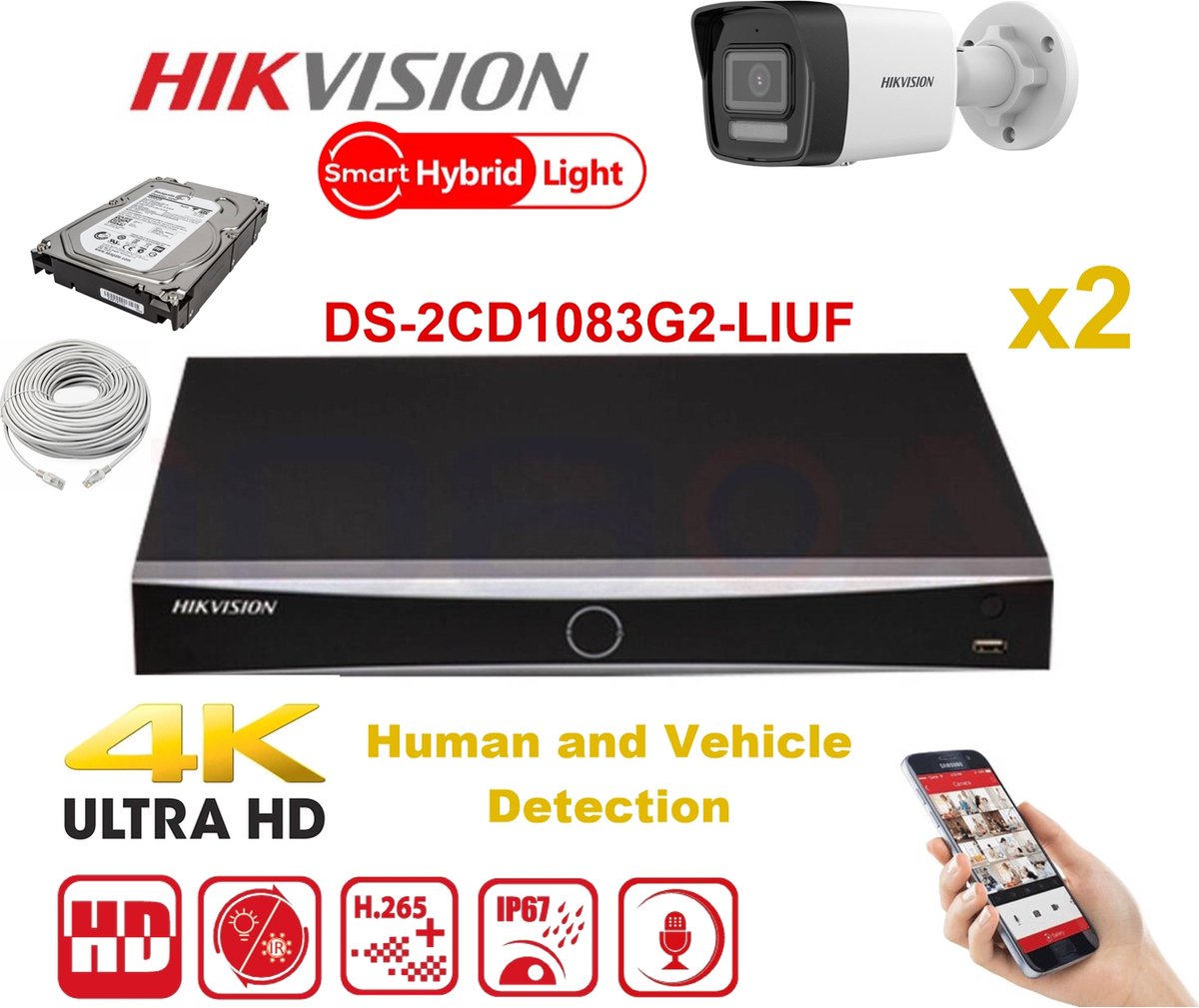 HIKVISION IP Camera Kit 2x Camera Pro Serie 8MP NVR 4xChannel POE- Harde Schijf 2 TB Max 4x Camera