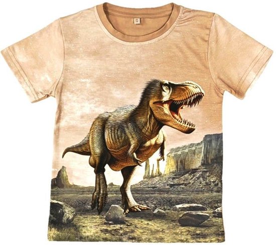 T-shirt met dino's, camel, full colour print, kids, kinder, maat 134/140, dinosaurus, stoer, mooie kwaliteit!