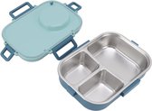 Bento lunchbox, 1100 ml, dubbellaags 3 rasterontwerp, thermische lunchbox van 304 roestvrij staal met stokjes, lepel, soepkom, voedselcontainer voor kinderen, studenten, volwassenen (blauw)