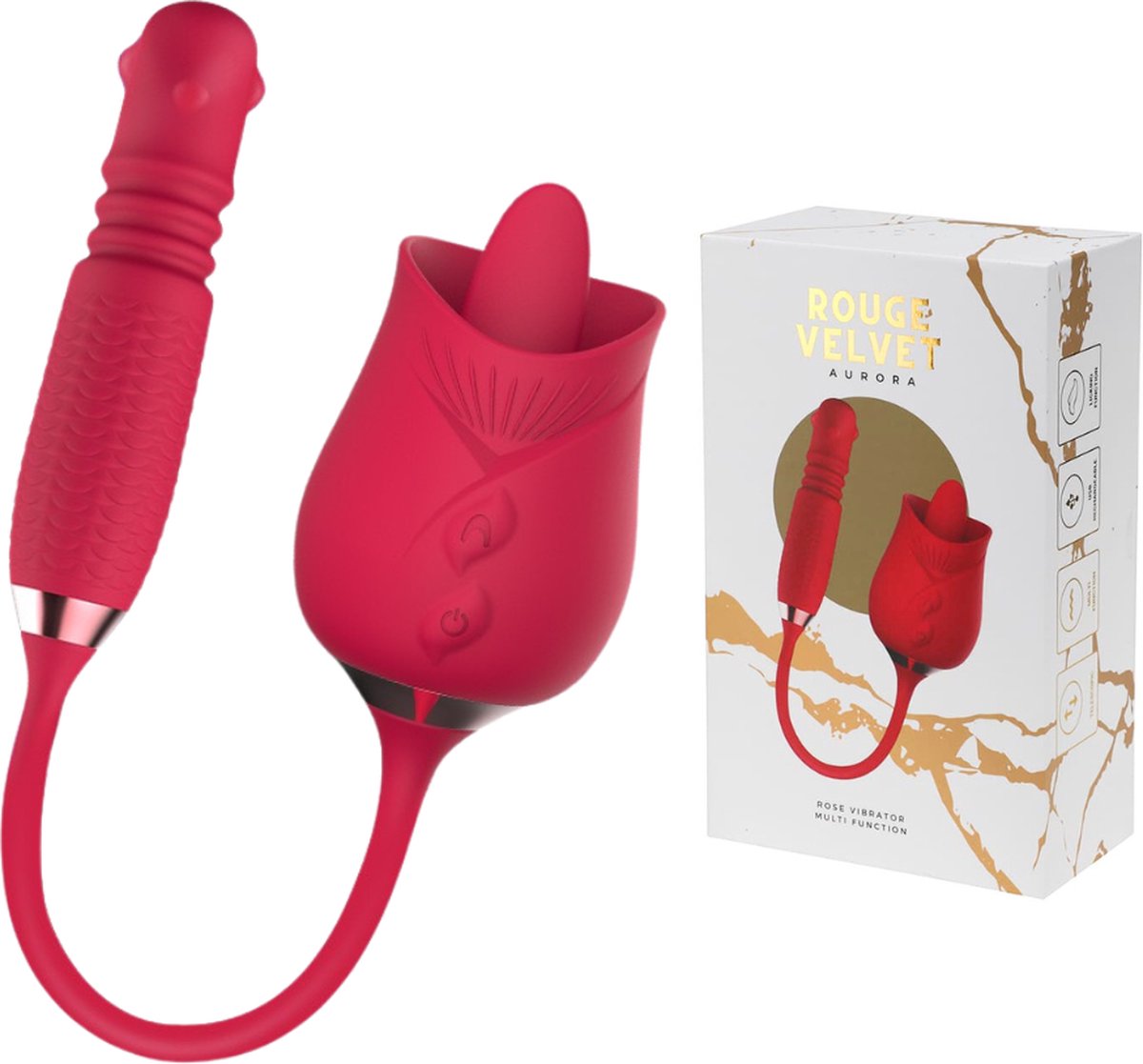 Rouge Velvet - Roos USB Vibrator Massager + Likken + Tikken - Luxe Cadeauverpakking - Rood