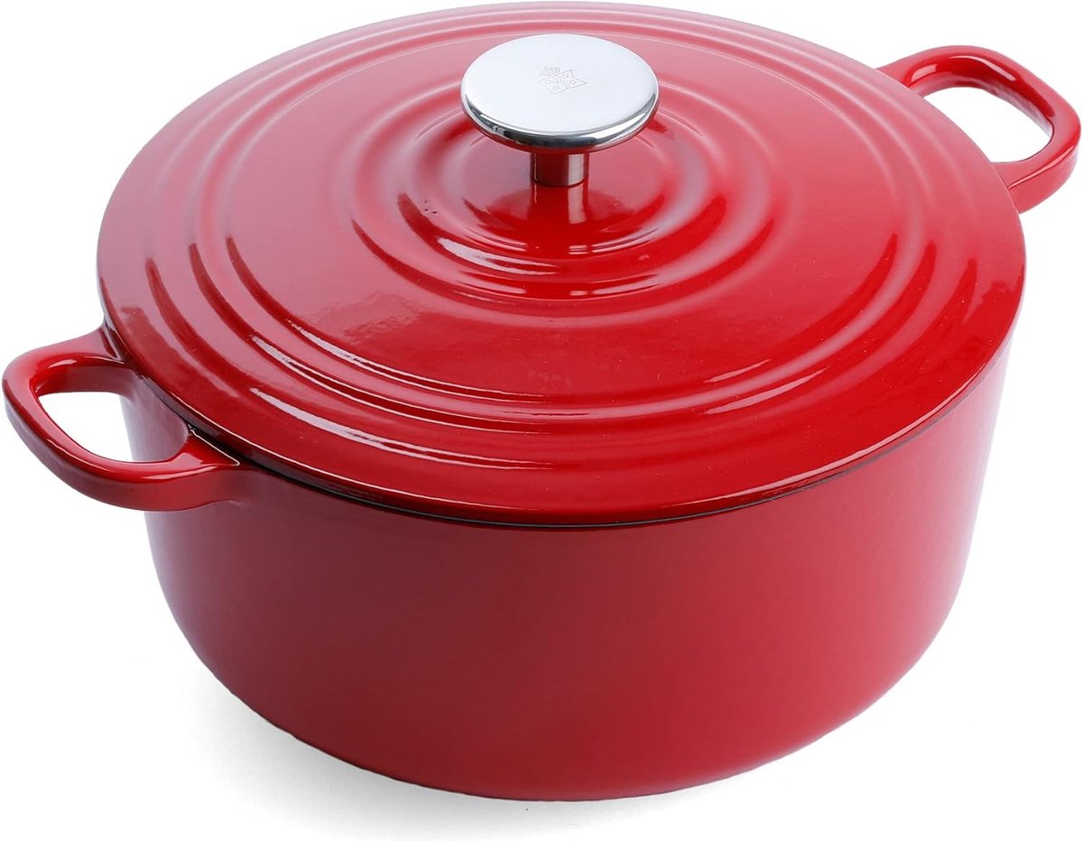 Prachtige Gietijzeren pan - Geëmailleerd Gietijzer 24cm/4,2L Nederlandse Oven met Deksel, Inductie Geschikt, Ronde Braadpan voor Bakken, Smoren, Stoven, Vaatwasserbestendig, Ovenbestendig tot 220°C, Chili Rood