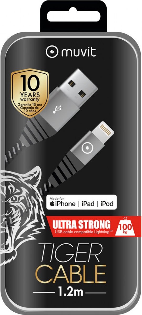 Muvit, Lightning-naar-USB 2.4A Power Ultra-Resistente Snelle Laadkabel 1,2 m, Grijs