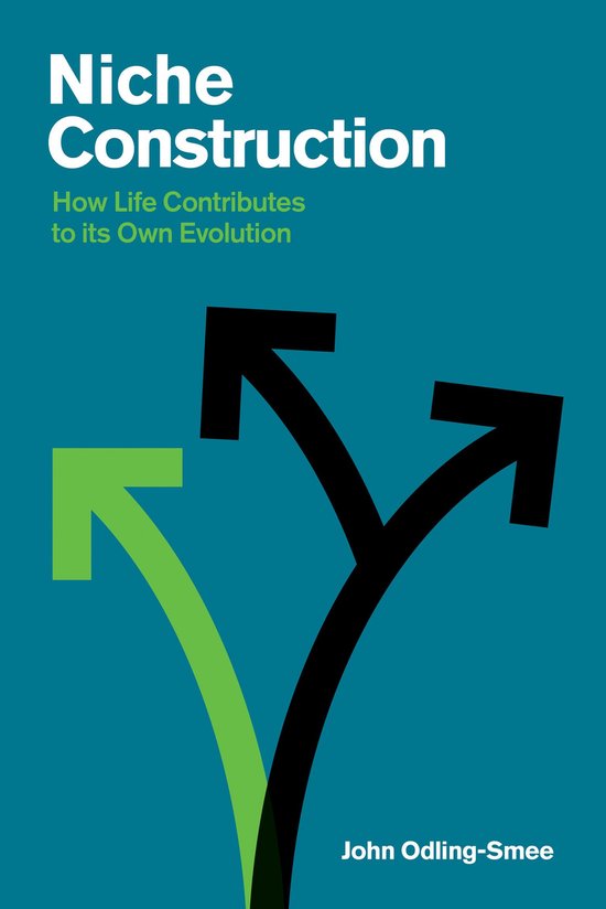 Boek 'Niche Construction: How Life Contributes to its Own Evolution' van John Odling-Smee, met een groene en zwarte pijl die uiteenwijzen.