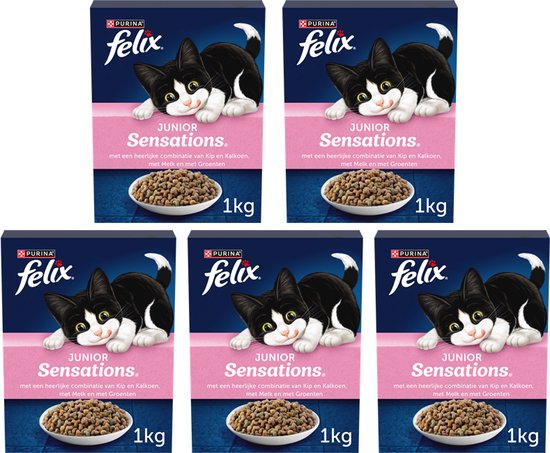 Foto: Felix junior sensations kattenvoer droogvoer kip kalkoen melk groenten 5 x 1 kg