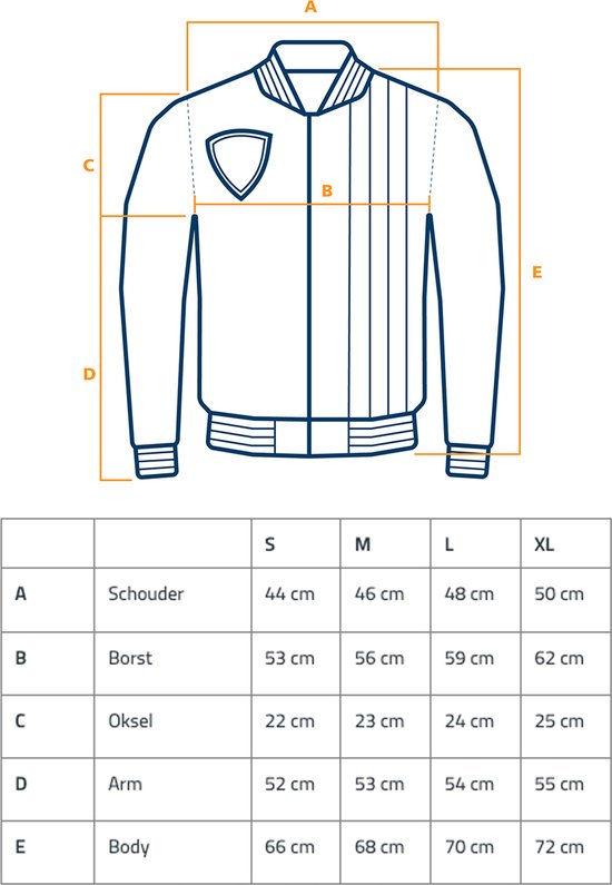 Maattabel voor een jas, met afmetingen voor schouder, borst, oksel, arm en body.