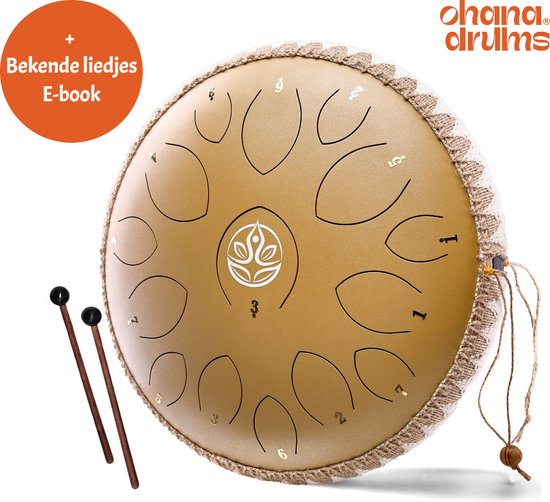 Ohana Drums® Tongue drum – Handpan – Zonnegloed Goud – 36 cm Ø – Klankschaal – 15 noten – Yoga Drum – Muziekinstrument voor kinderen - Chakra meditatie en ontspanning - Incl. Hollandse liedjes e-book