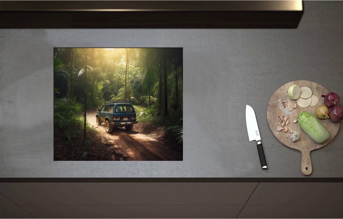 Inductieplaat Beschermer - Blauwe Truck rijdend door Wegen in de Jungle - 57x50 cm - 2 mm Dik - Inductie Beschermer - Bescherming Inductiekookplaat - Kookplaat Beschermer van Zwart Vinyl