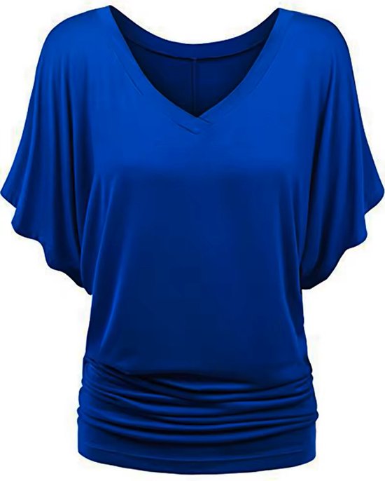 ASTRADAVI Damesmode - Top - Elegant V-hals shirt met vleermuismouwen - Batwing Blouse met met elastische zijkanten - Koningsblauw / Small