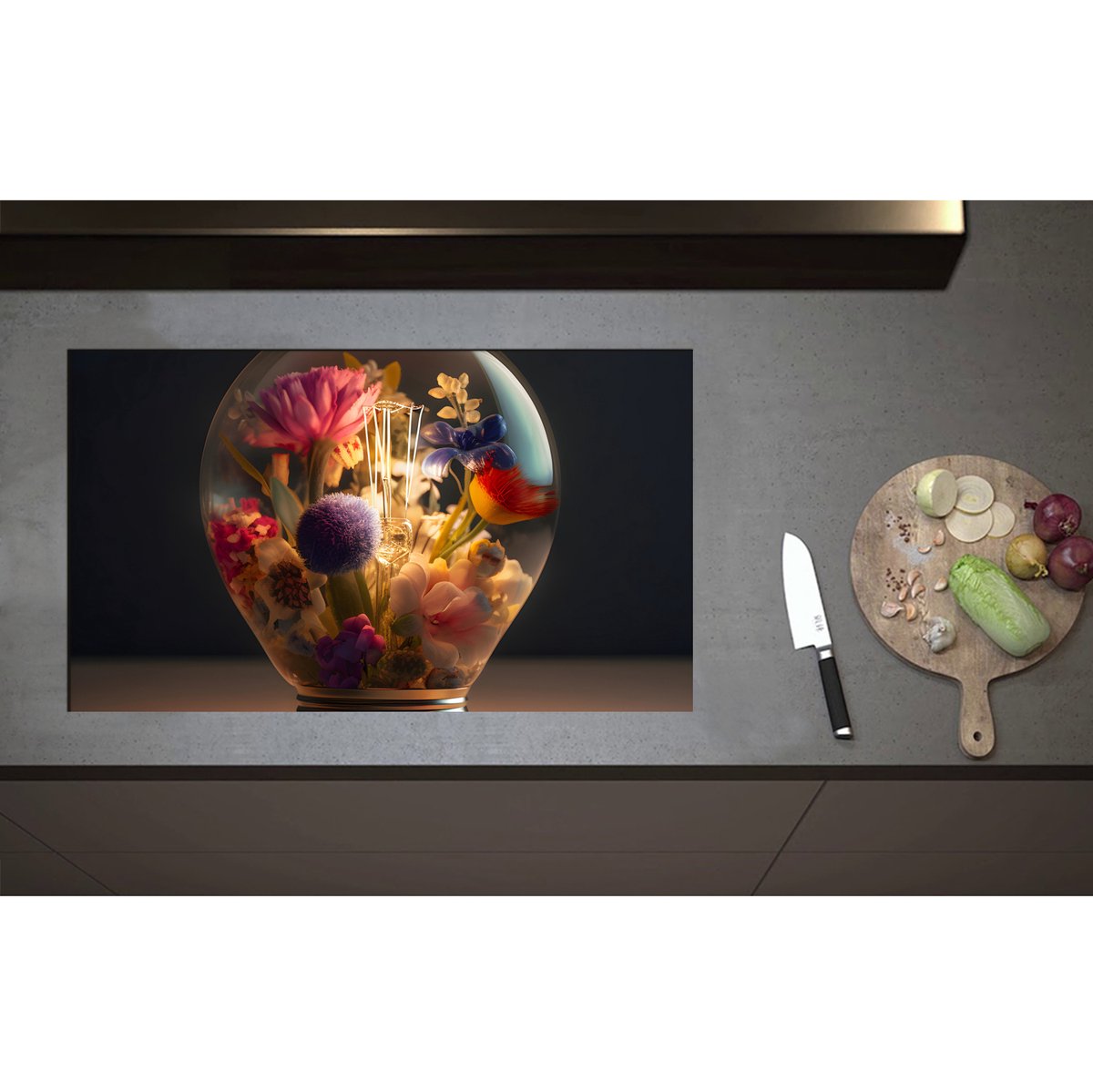 Inductieplaat Beschermer - Bloemboeket Groeiend in Lichtgevende Lamp - 85x50 cm - 2 mm Dik - Inductie Beschermer - Bescherming Inductiekookplaat - Kookplaat Beschermer van Wit Vinyl