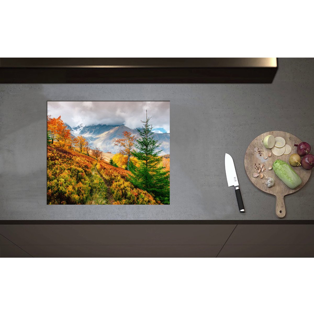 Inductieplaat Beschermer - Bomen in Verschillende Kleuren Hoog in de Bergen - 59x50 cm - 2 mm Dik - Inductie Beschermer - Bescherming Inductiekookplaat - Kookplaat Beschermer van Wit Vinyl