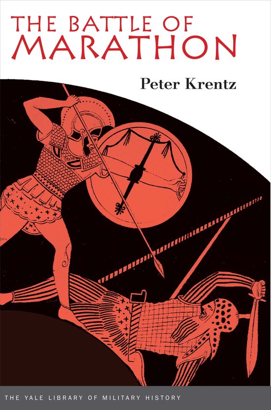 Boekomslag van The Battle of Marathon door Peter Krentz met een rode Griekse vechtscène op een zwarte achtergrond.