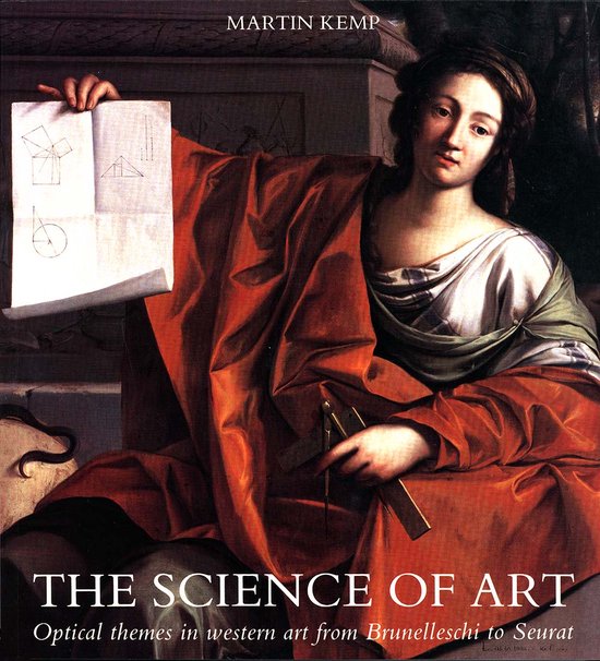 Boek 'The Science of Art' met een schilderij van een vrouw die wiskundige diagrammen vasthoudt.
