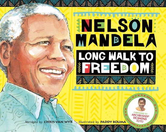 Boekomslag van Nelson Mandela: Long Walk to Freedom met een aquarelportret van Mandela op een gele achtergrond.
