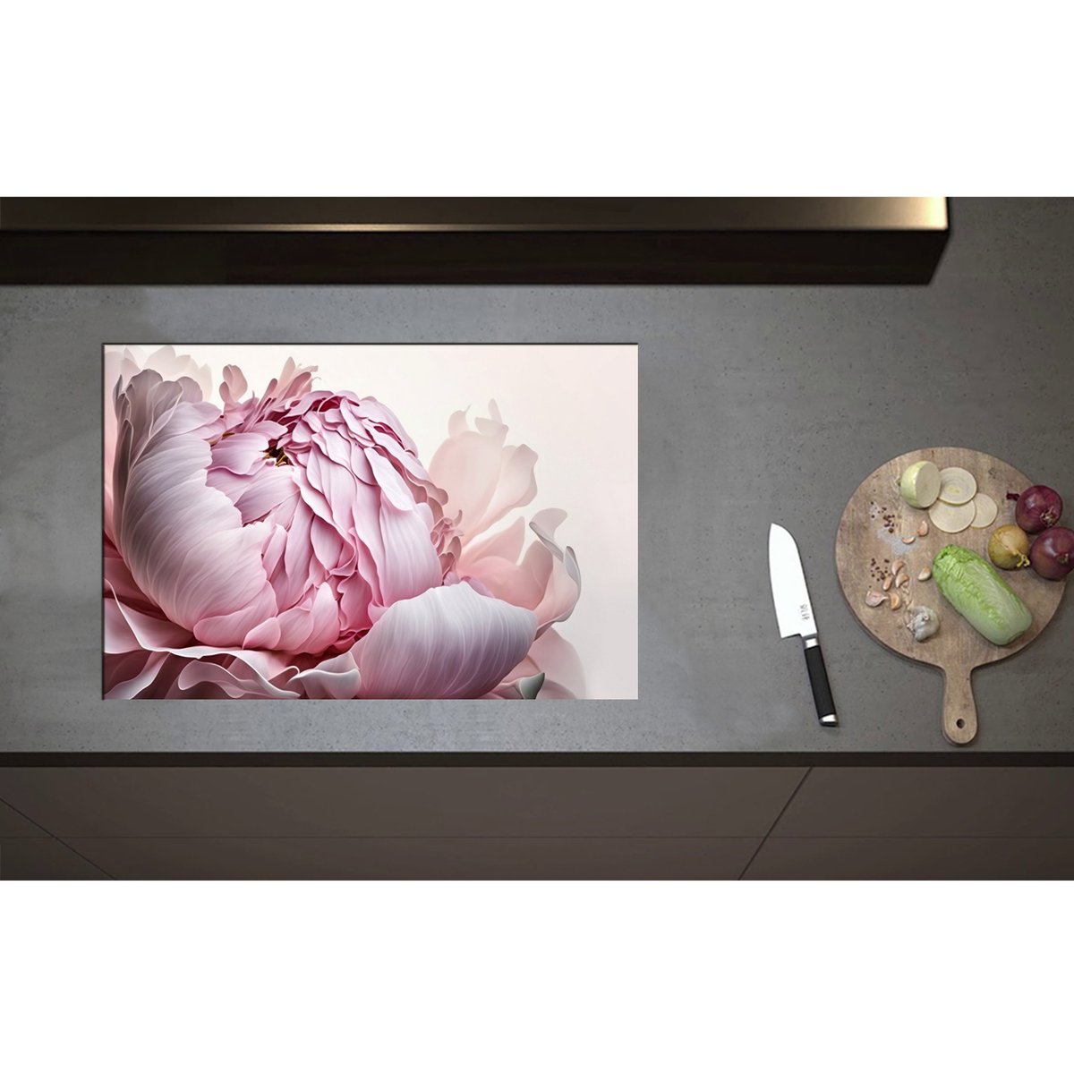 Inductieplaat Beschermer - Bloeiende Pastelroze Pioenroos Bloem op Pastelroze Achtergrond - 75x50 cm - 2 mm Dik - Inductie Beschermer - Bescherming Inductiekookplaat - Kookplaat Beschermer van Wit Vinyl