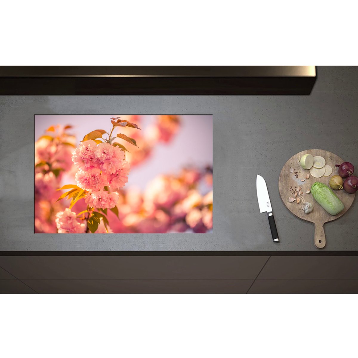Inductieplaat Beschermer - Bloeiende Roze Bloesem Bloemen op Mooie Lentedag - 75x50 cm - 2 mm Dik - Inductie Beschermer - Bescherming Inductiekookplaat - Kookplaat Beschermer van Zwart Vinyl