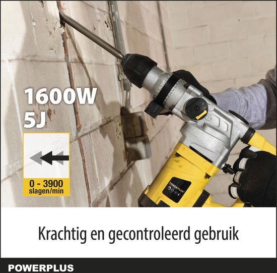 Powerplus Elektrische klopboormachine POWX1175 - 4 in 1: boren hamerboren beitelen en beitelrotatie, 1600 W boormachine, 5 J, SDS plus, 6 accessoires