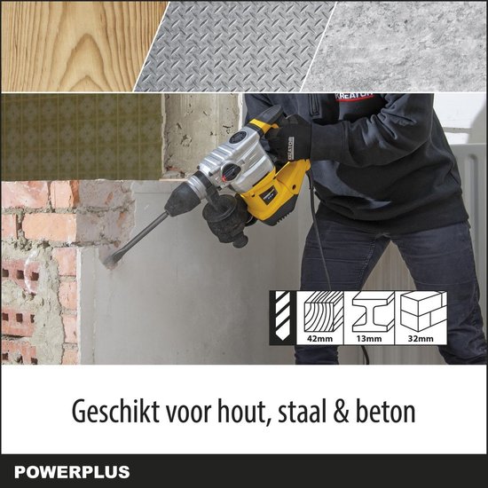Man met een gele en grijze Powerplus klopboormachine, geschikt voor hout, staal & beton.