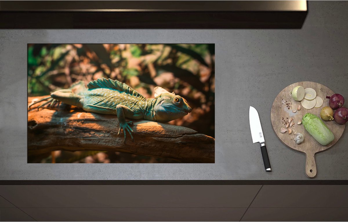 Inductieplaat Beschermer - Blauw-Groene Kameleon Liggend op Houten Boomstam - 80x52 cm - 2 mm Dik - Inductie Beschermer - Bescherming Inductiekookplaat - Kookplaat Beschermer van Wit Vinyl