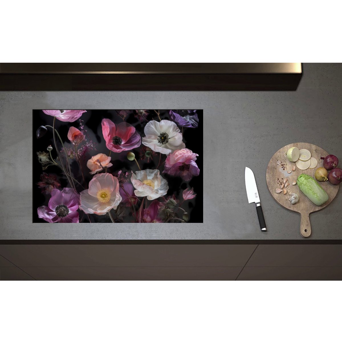 Inductieplaat Beschermer - Boeket van Stilleven in Witte en Roze Kleuren - 75x50 cm - 2 mm Dik - Inductie Beschermer - Bescherming Inductiekookplaat - Kookplaat Beschermer van Wit Vinyl