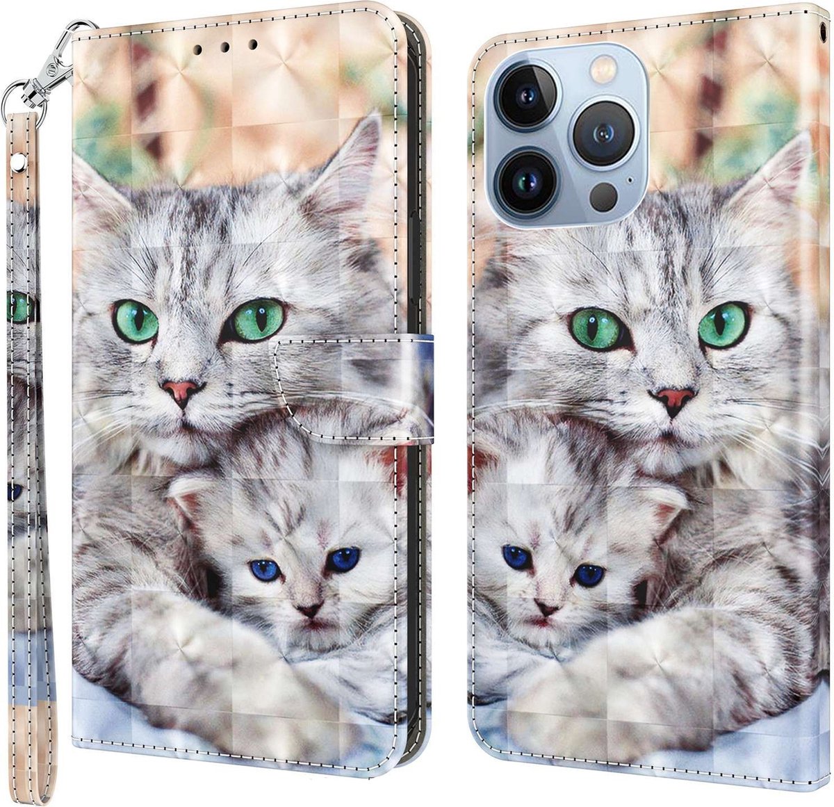 Cityhoesje-iPhone 14 Pro – Bookcase – Print 3D katten – incl. Pasjeshouder
