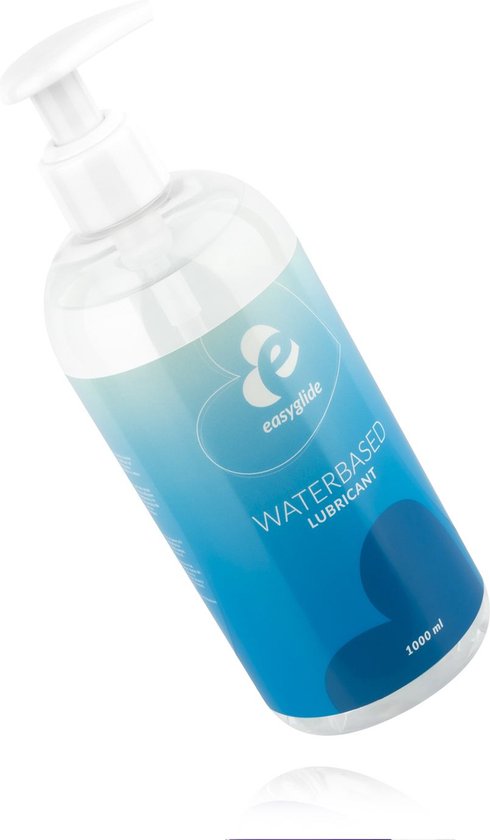 Bouteille transparente avec distributeur à pompe blanc. Dégradé bleu clair avec logo et texte 'easyglide WATERBASED LUBRICANT 1000 ml'.