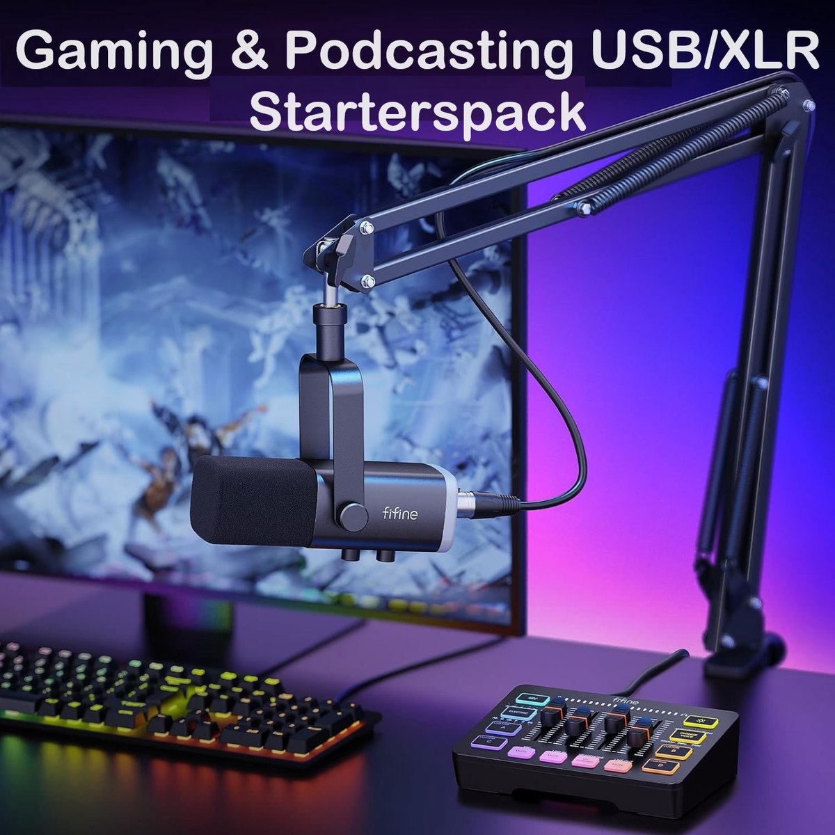 FIFINE - Starterspack 2.0 - AM8T & SC3 - Podcast Starterspack - Gaming Streaming - USB RGB Microfoon met Boom Arm - Streaming Deck - DJ Mixer - Incl XLR Kabel 3M thumbnail 3