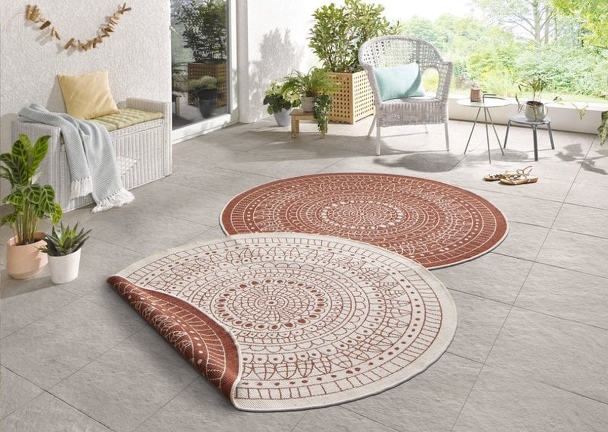 Flycarpets Omkeerbaar Vloerkleed - Binnen & Buitenkleed Porto- Terra / Creme - 200x200 cm