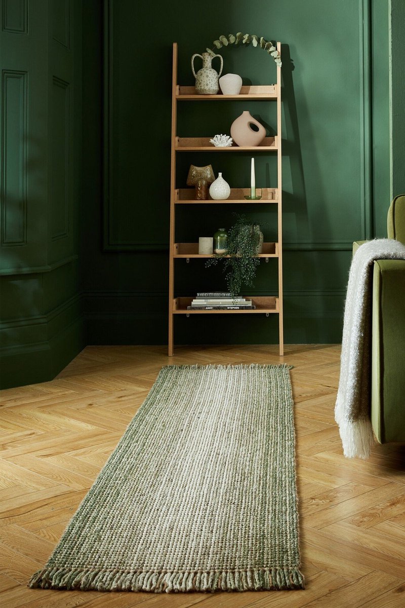 flycarpets Loper Jute Ombre Modern Laagpolig - Wol Mix - Handgeweven Vloerkleed - Groen - 60x230 cm