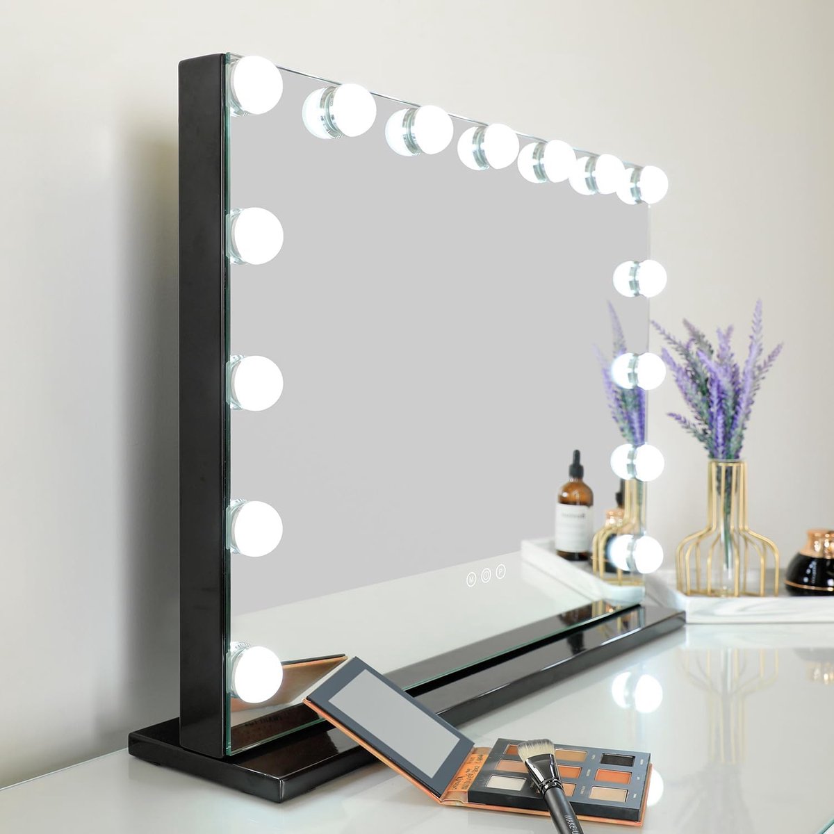 Hollywood Spiegel Make-up Spiegel met Verlichting Make-up Spiegel met Licht 15 Dimbare LED Lampen 3 Kleurtemperaturen USB Cosmetische spiegel 58X46 cm