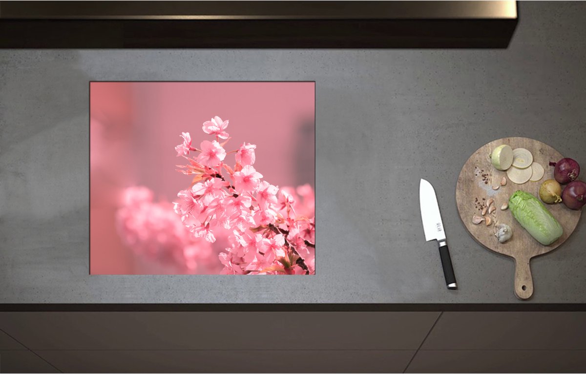 Inductieplaat Beschermer - Bloeiende Kersenbloesem aan Tak - 58x50 cm - 2 mm Dik - Inductie Beschermer - Bescherming Inductiekookplaat - Kookplaat Beschermer van Wit Vinyl