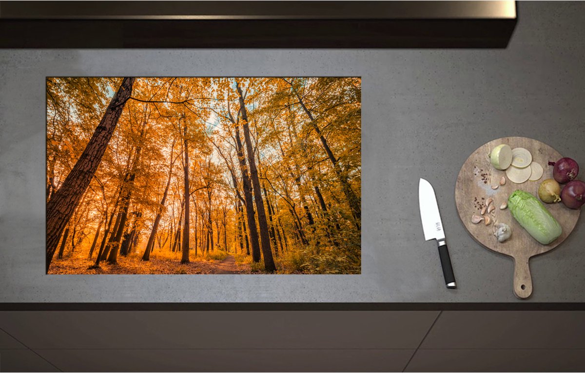 Inductieplaat Beschermer - Bos met Hoge Bomen in Herfstkleuren - 85x51 cm - 2 mm Dik - Inductie Beschermer - Bescherming Inductiekookplaat - Kookplaat Beschermer van Zwart Vinyl