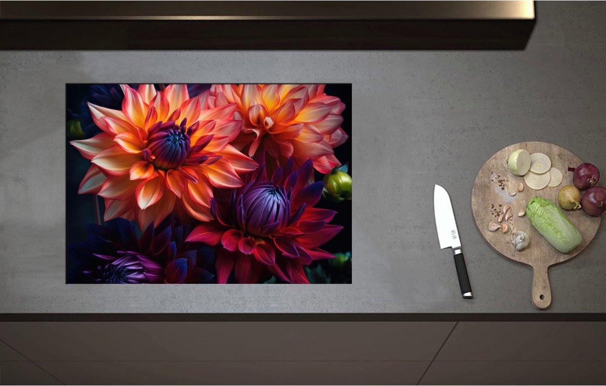 Inductieplaat Beschermer - Boeket van Oranje en Paarse Bloemen - 71x50 cm - 2 mm Dik - Inductie Beschermer - Bescherming Inductiekookplaat - Kookplaat Beschermer van Wit Vinyl