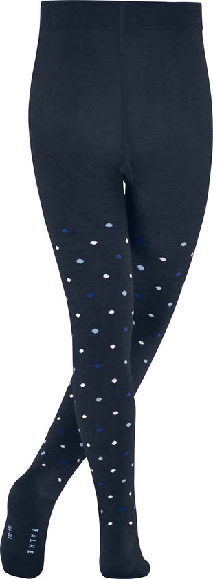 Navyblauwe panty met stippenpatroon in wit, lichtblauw en donkerblauw, met Falke logo op de enkel.
