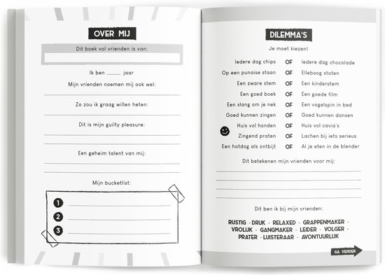 Open vriendenboek met een pagina 'Over mij' en een pagina 'Dilemma's'.