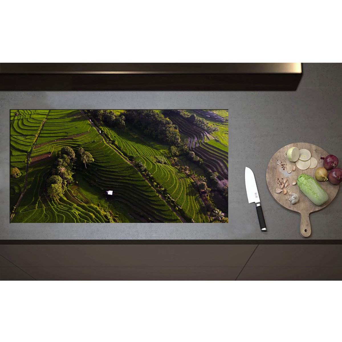 Inductieplaat Beschermer - Bovenaanzicht van de Rijstvelden in Indonesië - 95x50 cm - 2 mm Dik - Inductie Beschermer - Bescherming Inductiekookplaat - Kookplaat Beschermer van Wit Vinyl