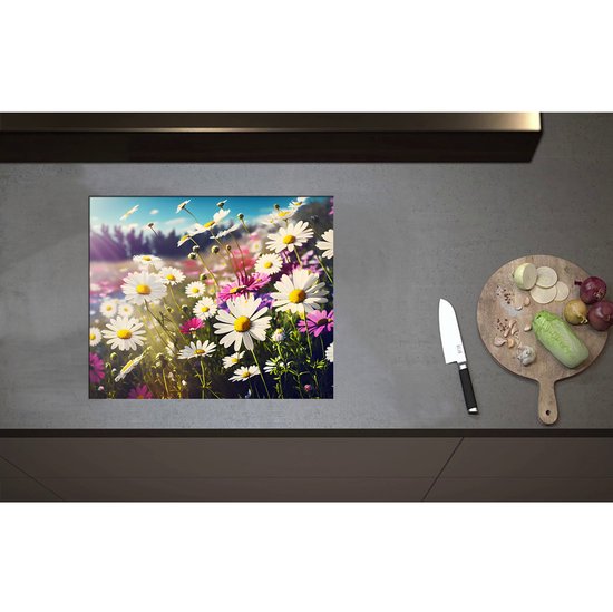 Inductieplaat Beschermer - Bloemenveld Vol Paarse en Witte Madeliefjes - 60x50 cm - 2 mm Dik - Inductie Beschermer - Bescherming Inductiekookplaat - Kookplaat Beschermer van Wit Vinyl