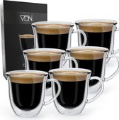 VDN Dubbelwandige ESPRESSO glazen met oor van borosilicaat - Warme en koude dranken kopjes - 70 ML - Set van 6