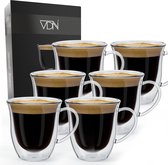 Dubbelwandige theeglazen koffieglazen met oor - Cappuccino glazen - Warme en koude dranken koffietassen dubbelwandig - 250 ML - Set van 6 - VDN
