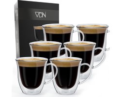 VDN Dubbelwandige theeglazen koffieglazen met oor - Cappuccino glazen - Warme en koude dranken koffietassen dubbelwandig - 250 ML - Set van 6 - Sinterklaas & Kerst Cadeau