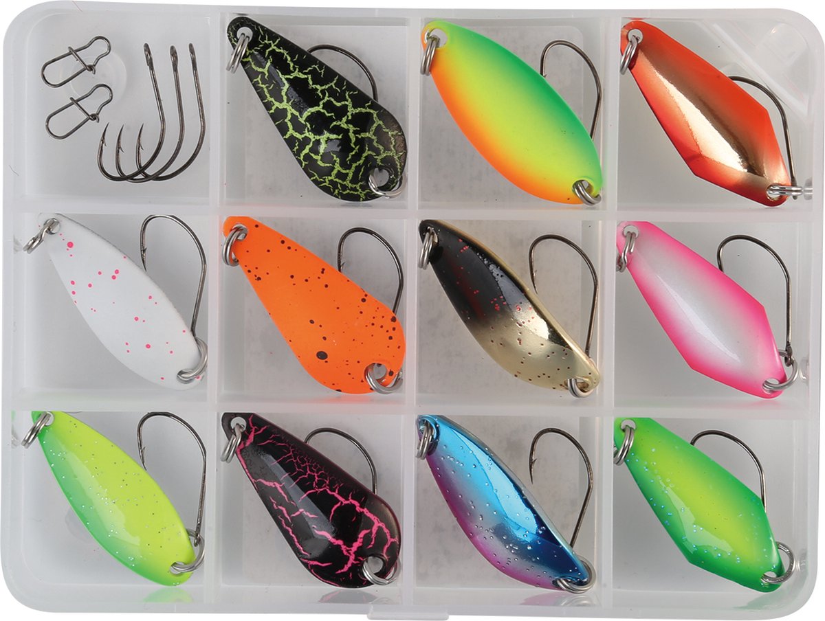 Spoon Box Fantasy PRO complete spoonbox voor het forelvissen 16 delig waaronder 11 spoons 3 extra haken en 2 snaps