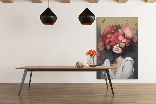 Canvas Schilderij - Vrouw met Bloemen - Wanddecoratie - 150x100 cm