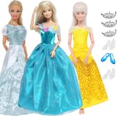 Poppenkleertjes - Geschikt voor Barbie - Set van 3 prinsessenjurken, 3 kronen & 3 paar schoenen - Glazen muiltjes - Cadeauverpakking