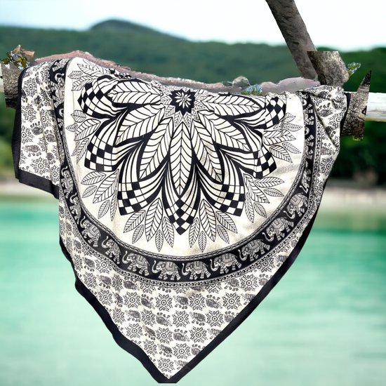 Mandala Wandkleed - Beige/zwart - wand decoratie - muurkleed - Lotus/bloem - Duurzaam katoen