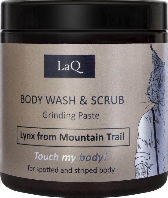 Bruine pot met beige etiket: 'LaQ BODY WASH & SCRUB Grinding Paste Lynx from Mountain Trail Touch my body!' met illustratie van een lynx.