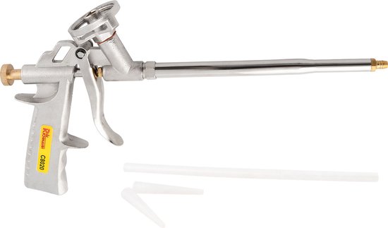 Metalenen schuimpistool met een ergonomische handgreep en een lange metalen spuitmond. Inclusief twee spuitmondjes en een adapter.