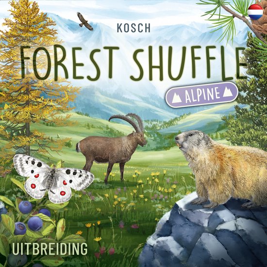 Forest Shuffle Alpine uitbreiding: bergen, bomen, vlinder, steenbok en marmot.