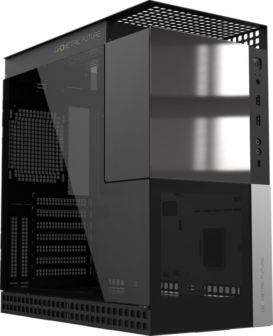 Geometric Future M4 Caliburn Mid/Mini Tower, E-ATX/ATX Gaming PC-behuizing, glas/1,2 mm staal, Type C, verticale GPU-montage, spiegelzwart